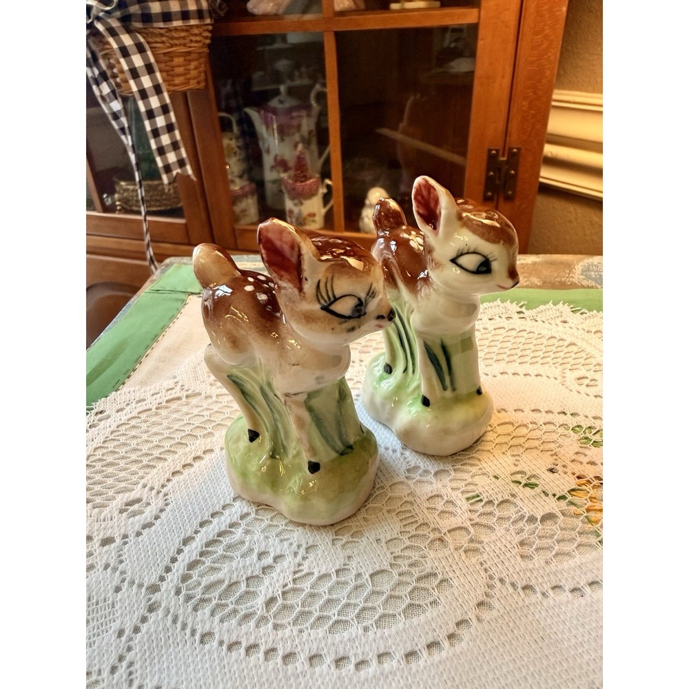 Vintage Ceramic Deer Fawn Salt & Pepper Shakers Japan Big Eyes Kitsch Set